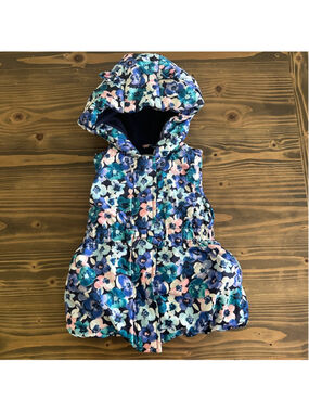 Kids Gymboree Puffer Vest 5T Blue Pink Floral Fleece Hood Bow Waist
